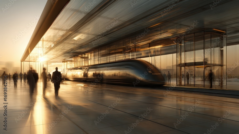 Fototapeta premium Futuristic High Speed Train Arriving at Modern Glass Station at Sunset Passengers Walk Towards the Train