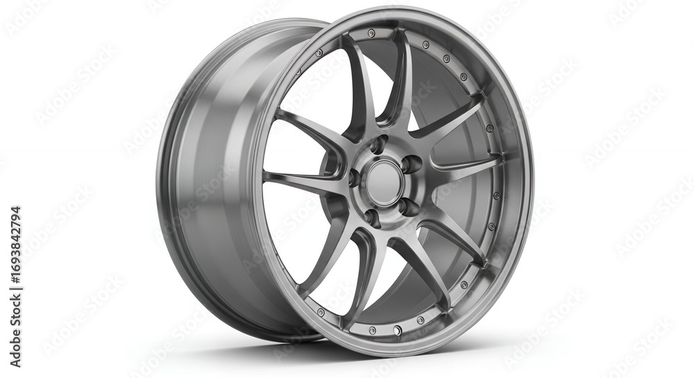 Fototapeta premium Sleek modern alloy wheel design for high-performance vehicles, brushed metal finish, auto customization.