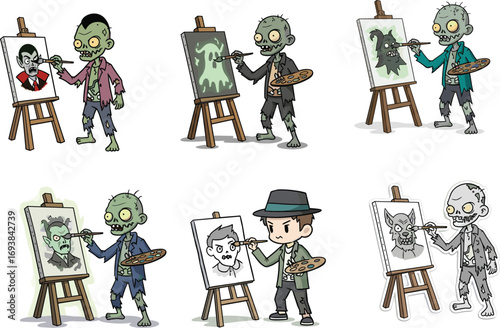 Cartoon zombie artists painting creepy portraits on canvas, spooky undead characters creating horror artwork in humorous and imaginative monster-themed scenes.