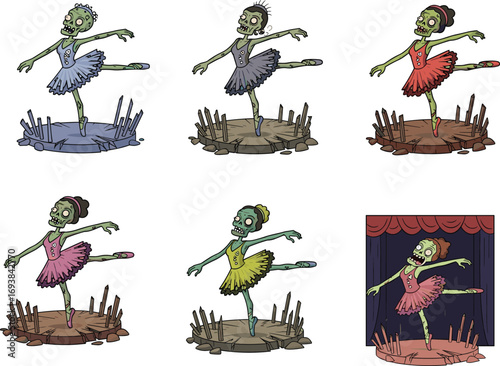 Cartoon zombie ballerinas dancing on stage, undead ballet characters in colorful tutus performing creepy horror-themed ballet poses and movements.