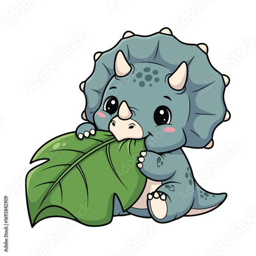 Cute baby triceratops dinosaur cartoon character eating a large green leaf.