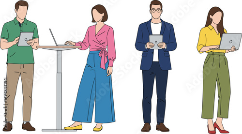 Young business people standing together using laptops and tablets by high table, showing teamwork, technology use, and office collaboration concept.