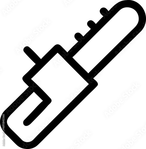 Simple line art icon of a power chainsaw for cutting wood. Vector graphic symbol for logging, forestry, or construction tool concept