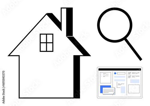 House icon symbolizes property, magnifying glass indicates search or explore, and digital interface represents technology. Ideal for real estate, home buying, property search, exploration, digital