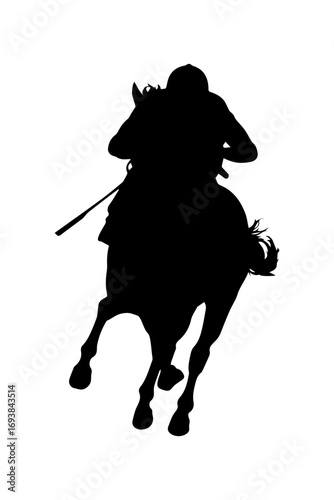 Front view silhouette of a jockey riding a horse