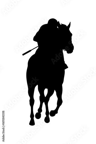Front view silhouette of a jockey riding a horse