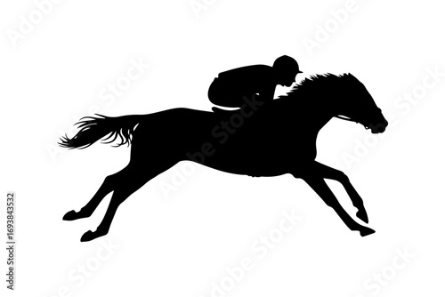 Silhouette of a jockey riding a galloping horse