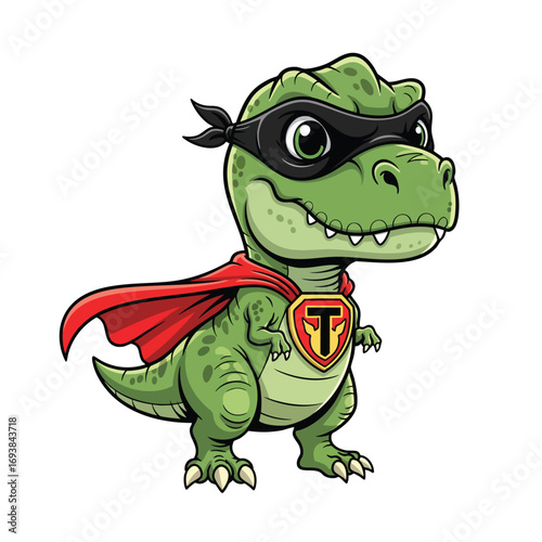 Cute green TRex dinosaur superhero with a red cape black mask and Tshield emblem.