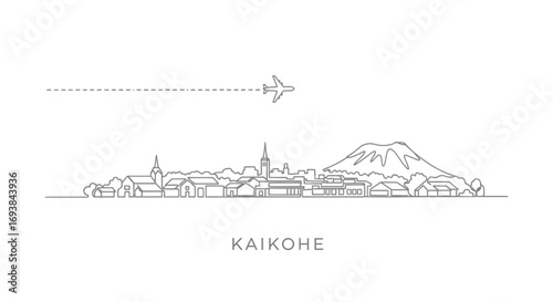 Kaikohe skyline icon with mountain, and airplane.