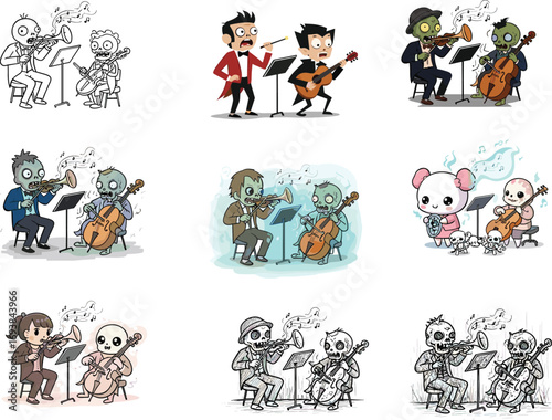 Zombie musicians playing instruments, spooky orchestra cartoon, undead band performance, Halloween music theme, fun illustration, creepy concert, skeleton cello players.