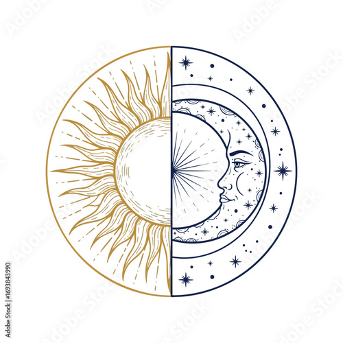 Esoteric celestial symbol of a split sun and crescent moon with a face handdrawn in a vintage style.
