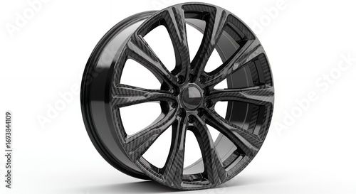 Sleek carbon fiber car wheel showcases modern automotive design and performance.