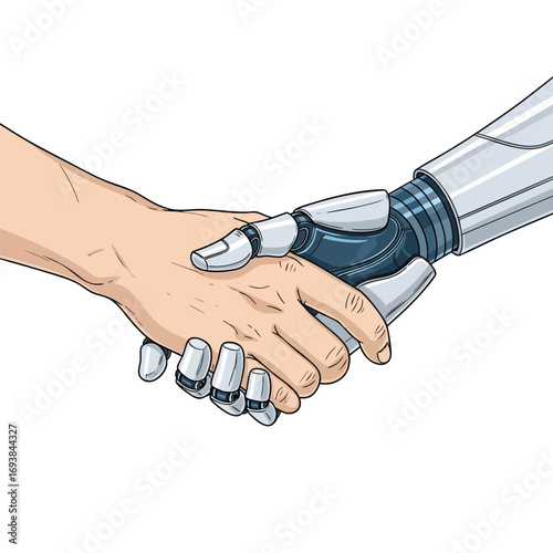 Illustrated handshake between a human hand and a futuristic robotic arm symbolizing collaboration.