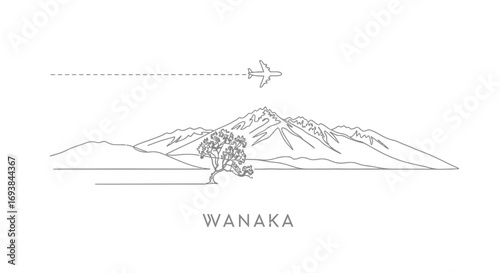 Wanaka Mountain Airplane Travel Minimalist Line Art White Background.