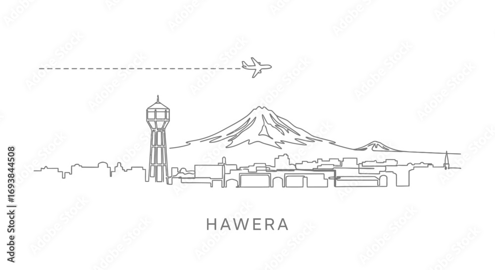 Obraz premium Hawera with New Zealand Skyline Sketch with Airplane, and Mountain.