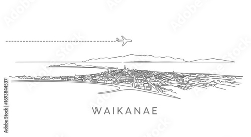 Waikanae with New Zealand  Cityscape Line Art, and Airplane.