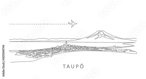 Taupo New Zealand Cityscape with Airplane  Mt Tauhara.