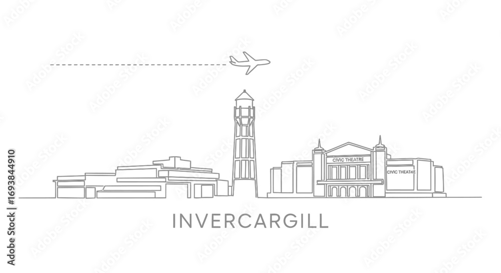Obraz premium Invercargill with New Zealand Skyline Outline, and Plane.