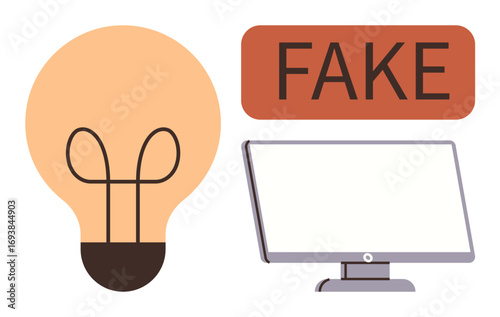 Lightbulb for ideas, Fake label, computer monitor representing online misinformation. Ideal for media literacy, critical thinking, online hoaxes, technology impact, education, ethics simple flat
