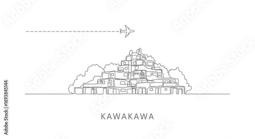 Kawakawa Bay New Zealand with Line art house and airplane graphic.