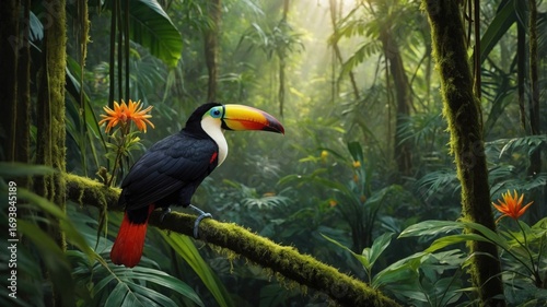 Vibrant toucan perched on a branch amidst lush tropical rainforest with blooming flowers in background