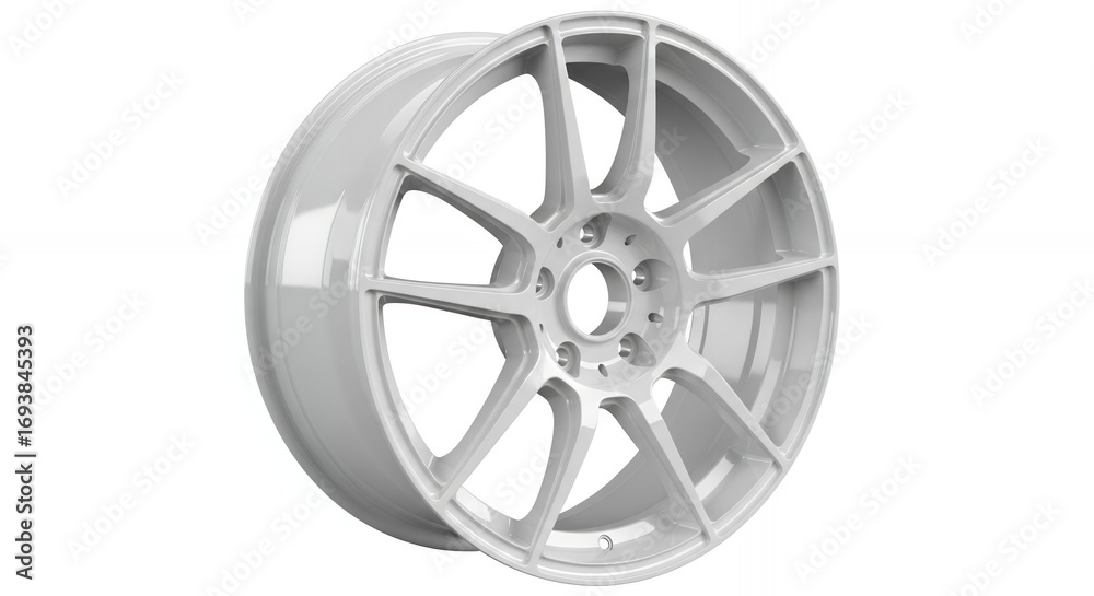 Fototapeta premium Sleek white alloy car wheel with intricate spoke design, modern automotive upgrade.