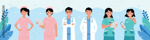 Flat Vector illustration Medical team group of professional doctors and healthcare workers in hospital setting. Ideal for medical, healthcare, and hospital-related content.