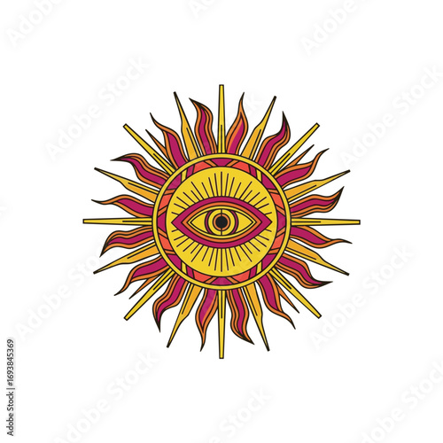 Stylized sun symbol with the AllSeeing Eye of Providence and fiery radiating beams.