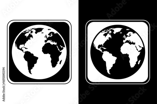Flat World Map Globe Icon Isolated Black and White.