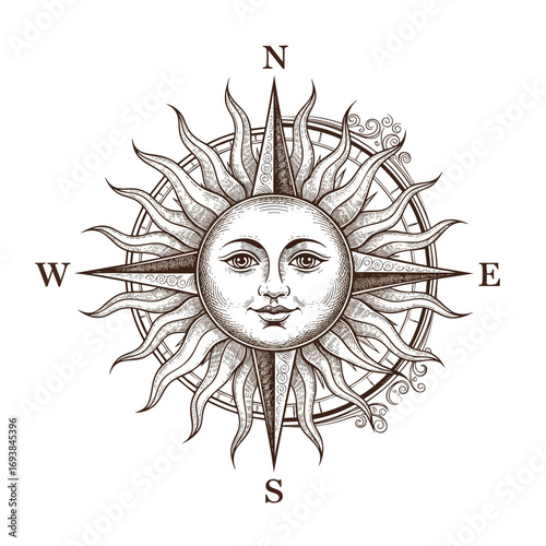 Stylized vintage compass rose featuring an anthropomorphic sun with a serene face and cardinal direction points.