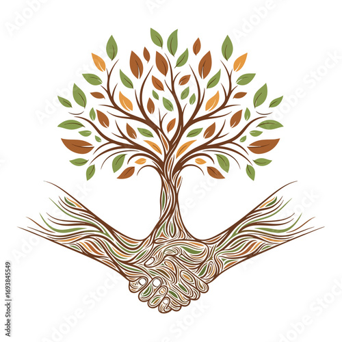Symbolic tree of life with roots intricately formed by a cooperative handshake and colorful leaves.