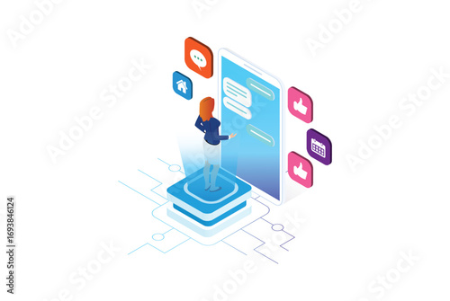 Modern Isometric programmer working in a software develop company office. Developing programming and coding technologies concept. UX UI User Interface and User eXperience Process.