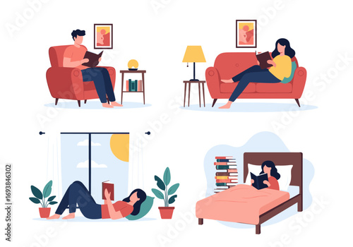 People enjoying reading books in various cozy indoor settings and comfortable positions