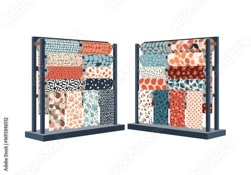 Display of various fabric rolls featuring diverse patterns and textures for crafting and design projects
