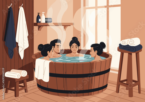 People relaxing together in a steamy hot tub in a cozy wooden room