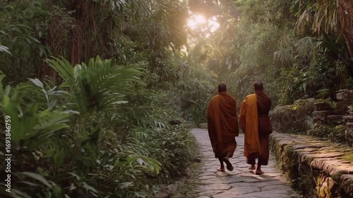 Two monks in orange robes walk along a stone path through a lush tropical forest.
