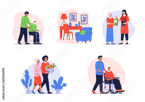 Compassionate caregiving for elderly individuals involving assistance with mobility and daily activities promoting independence and well-being