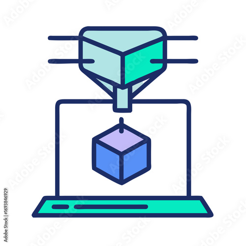Vibrant 3D printing icon depicting automated object creation with light blue and purple colors
