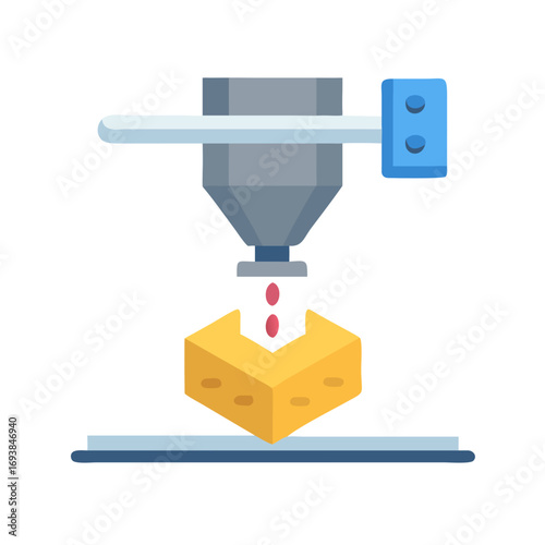 Flat illustration of 3D printer making a yellow object on black background