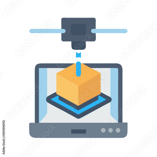 Iconic 3D printer illustration creating a cube, showcasing the additive manufacturing process in flat style