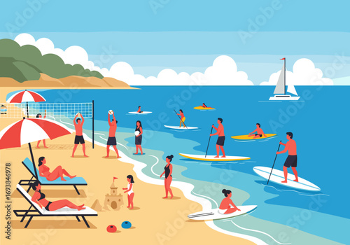 A vibrant beach scene featuring diverse summer activities and recreation on a sunny day