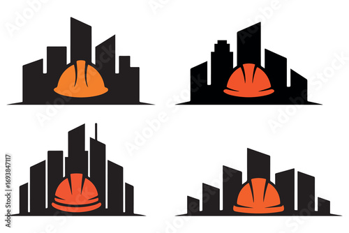 Modern Construction Helmet City Skyline Logo Design Vector for Real Estate and Builders