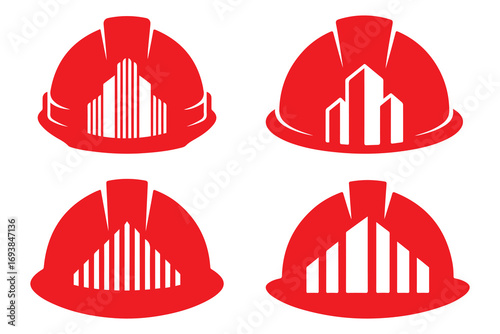 Red Construction Helmet Logo Design with Building Skyline Icons