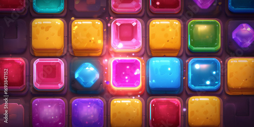 Glowing gem tiles creating vibrant grid pattern, sparkling with luminous colors and playful energy for engaging puzzle game background design