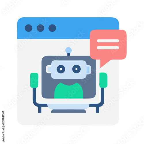 Chatbot illustration within browser window with speech bubble, representing online support