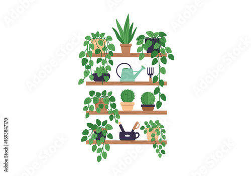 Charming collection of indoor plants adorning wooden shelves with gardening tools providing a lush green oasis