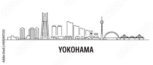Yokohama Line Art skyline horizontal banner. Buenos Yokohama, Japan. Vector template for your design. with white background