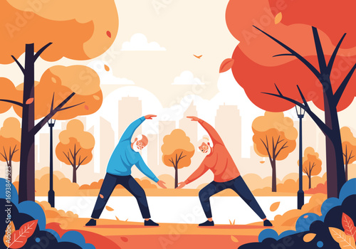 Elderly couple practicing yoga together outdoors amidst autumn foliage and cityscape background