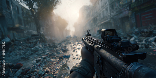 Tactical military personnel carrying assault rifle with reflex sight, moving cautiously through destroyed urban landscape during golden morning light, depicting wartime destruction