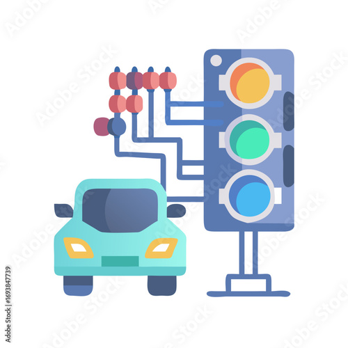 A vibrant illustration of a modern self-driving car connected to smart traffic control